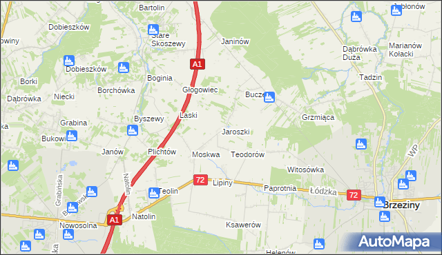 mapa Jaroszki gmina Brzeziny, Jaroszki gmina Brzeziny na mapie Targeo