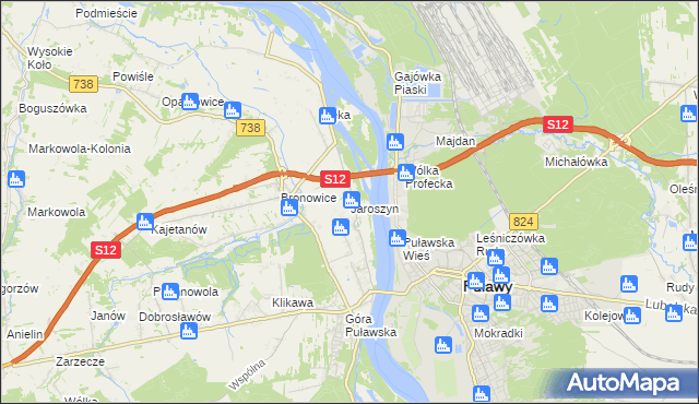 mapa Jaroszyn gmina Puławy, Jaroszyn gmina Puławy na mapie Targeo