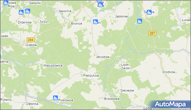 mapa Jaryszów gmina Jasień, Jaryszów gmina Jasień na mapie Targeo