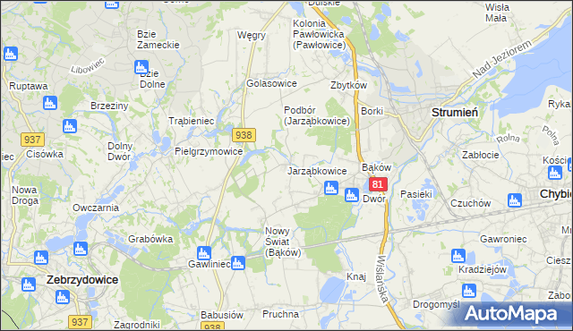 mapa Jarząbkowice gmina Pawłowice, Jarząbkowice gmina Pawłowice na mapie Targeo