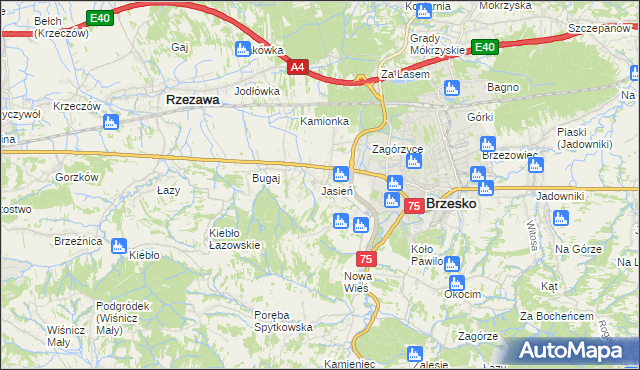 mapa Jasień gmina Brzesko, Jasień gmina Brzesko na mapie Targeo