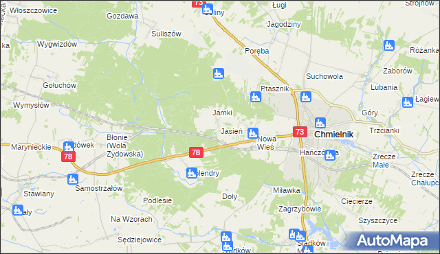 mapa Jasień gmina Chmielnik, Jasień gmina Chmielnik na mapie Targeo