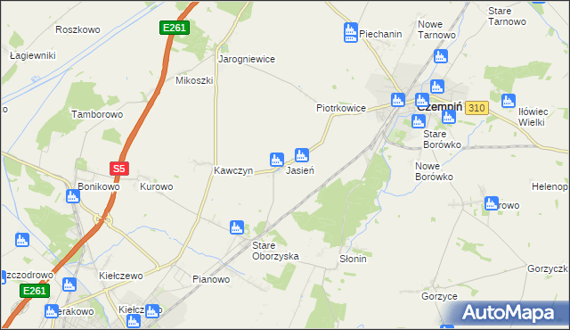 mapa Jasień gmina Czempiń, Jasień gmina Czempiń na mapie Targeo