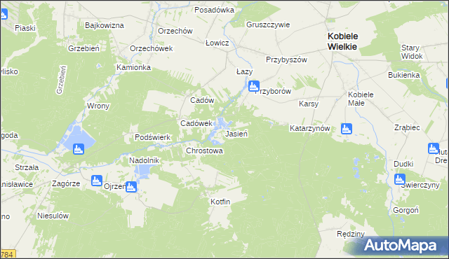 mapa Jasień gmina Kobiele Wielkie, Jasień gmina Kobiele Wielkie na mapie Targeo