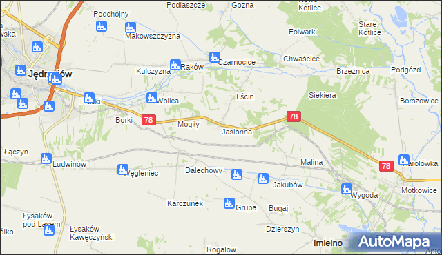 mapa Jasionna gmina Jędrzejów, Jasionna gmina Jędrzejów na mapie Targeo