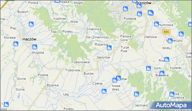 mapa Jasionów gmina Haczów, Jasionów gmina Haczów na mapie Targeo