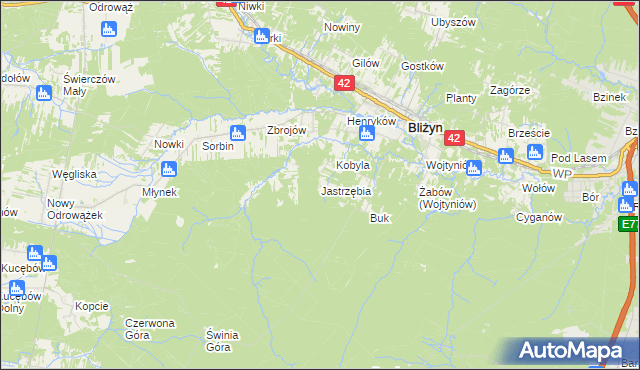 mapa Jastrzębia gmina Bliżyn, Jastrzębia gmina Bliżyn na mapie Targeo