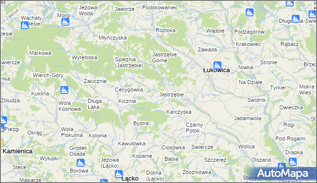 mapa Jastrzębie gmina Łukowica, Jastrzębie gmina Łukowica na mapie Targeo