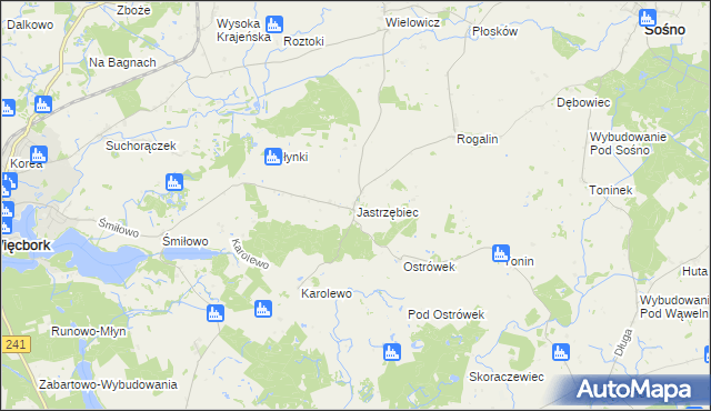 mapa Jastrzębiec gmina Więcbork, Jastrzębiec gmina Więcbork na mapie Targeo
