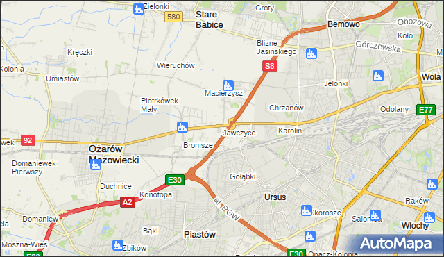 mapa Jawczyce gmina Ożarów Mazowiecki, Jawczyce gmina Ożarów Mazowiecki na mapie Targeo