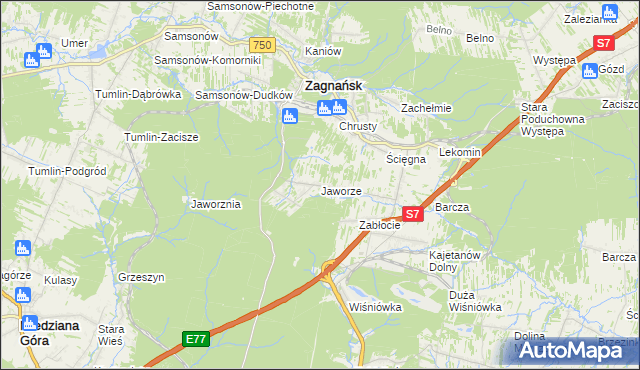 mapa Jaworze gmina Zagnańsk, Jaworze gmina Zagnańsk na mapie Targeo