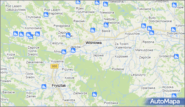 mapa Jazowa gmina Wiśniowa, Jazowa gmina Wiśniowa na mapie Targeo