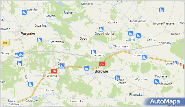 mapa Jaźwiny gmina Borowie, Jaźwiny gmina Borowie na mapie Targeo