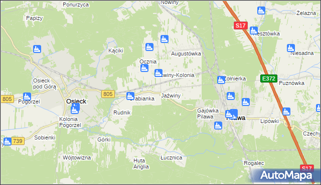 mapa Jaźwiny gmina Pilawa, Jaźwiny gmina Pilawa na mapie Targeo