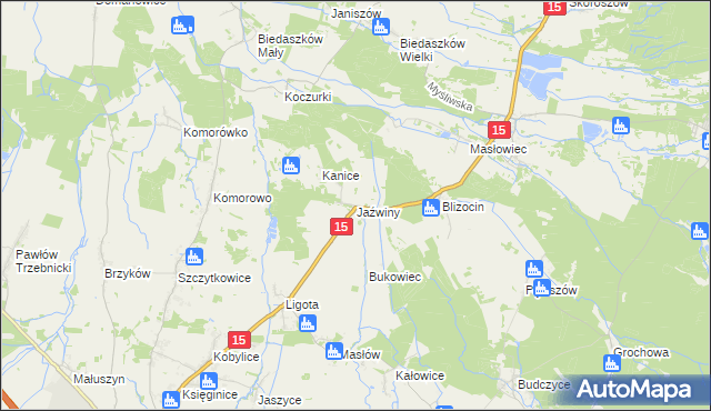 mapa Jaźwiny gmina Trzebnica, Jaźwiny gmina Trzebnica na mapie Targeo