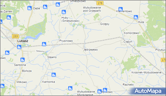 mapa Jędrzejewo gmina Lubasz, Jędrzejewo gmina Lubasz na mapie Targeo