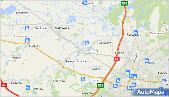 mapa Jezierzany gmina Miłkowice, Jezierzany gmina Miłkowice na mapie Targeo