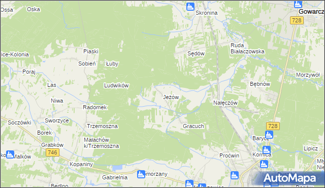mapa Jeżów gmina Końskie, Jeżów gmina Końskie na mapie Targeo