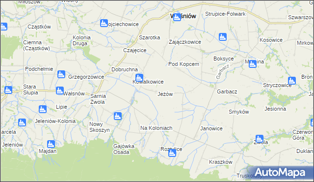 mapa Jeżów gmina Waśniów, Jeżów gmina Waśniów na mapie Targeo