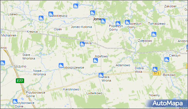 mapa Józefowo gmina Joniec, Józefowo gmina Joniec na mapie Targeo