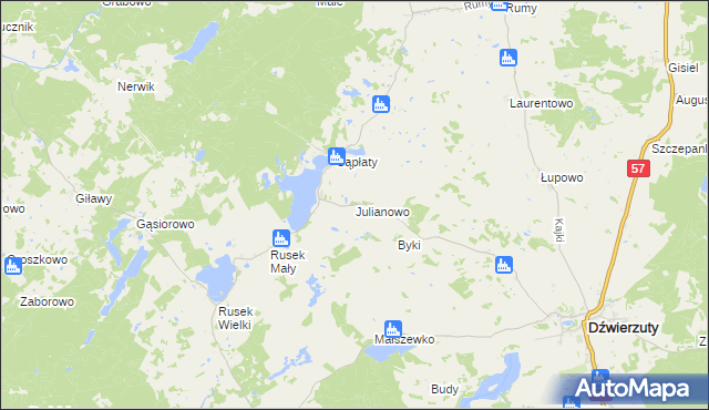 mapa Julianowo gmina Dźwierzuty, Julianowo gmina Dźwierzuty na mapie Targeo