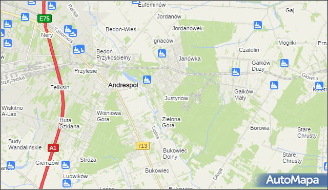 mapa Justynów gmina Andrespol, Justynów gmina Andrespol na mapie Targeo