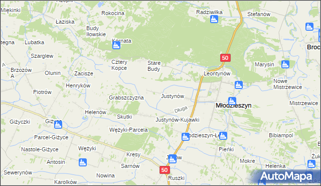 mapa Justynów gmina Młodzieszyn, Justynów gmina Młodzieszyn na mapie Targeo