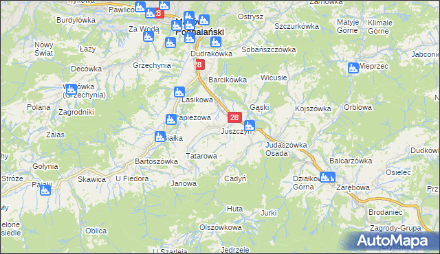 mapa Juszczyn gmina Maków Podhalański, Juszczyn gmina Maków Podhalański na mapie Targeo