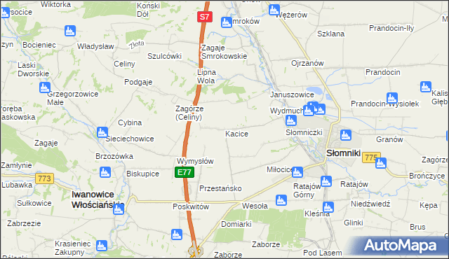 mapa Kacice gmina Słomniki, Kacice gmina Słomniki na mapie Targeo