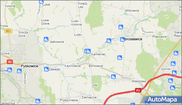 mapa Kamieniec gmina Zbrosławice, Kamieniec gmina Zbrosławice na mapie Targeo