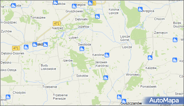 mapa Karolina gmina Goszczanów, Karolina gmina Goszczanów na mapie Targeo