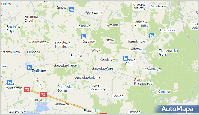 mapa Karolinów gmina Dalików, Karolinów gmina Dalików na mapie Targeo