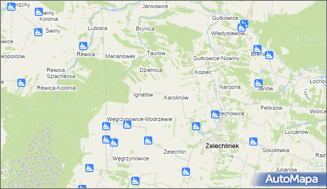 mapa Karolinów gmina Żelechlinek, Karolinów gmina Żelechlinek na mapie Targeo