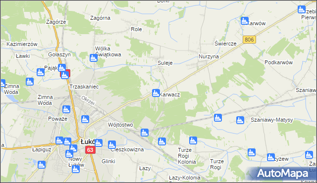 mapa Karwacz gmina Łuków, Karwacz gmina Łuków na mapie Targeo