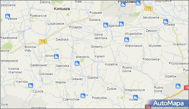 mapa Karwin gmina Koniusza, Karwin gmina Koniusza na mapie Targeo