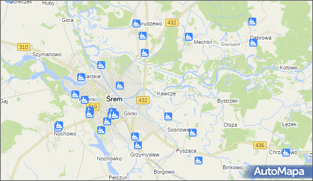 mapa Kawcze gmina Śrem, Kawcze gmina Śrem na mapie Targeo