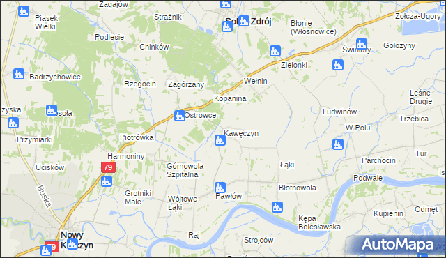 mapa Kawęczyn gmina Nowy Korczyn, Kawęczyn gmina Nowy Korczyn na mapie Targeo