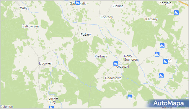 mapa Kiełbasy gmina Rozogi, Kiełbasy gmina Rozogi na mapie Targeo