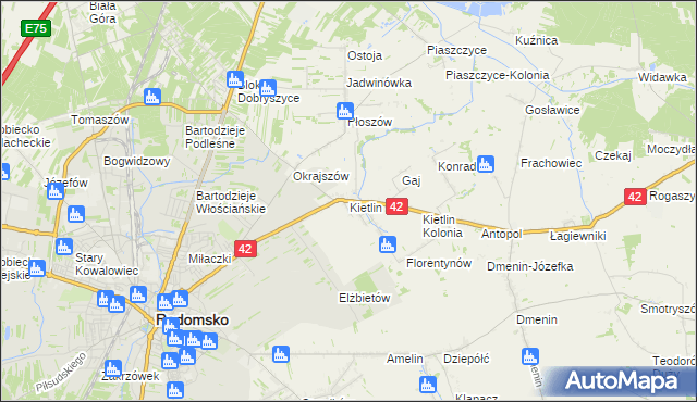 mapa Kietlin gmina Radomsko, Kietlin gmina Radomsko na mapie Targeo