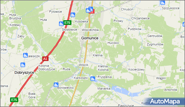 mapa Kletnia gmina Gomunice, Kletnia gmina Gomunice na mapie Targeo