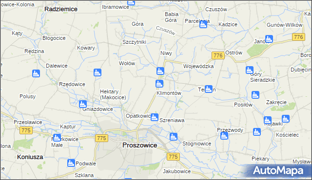mapa Klimontów gmina Proszowice, Klimontów gmina Proszowice na mapie Targeo