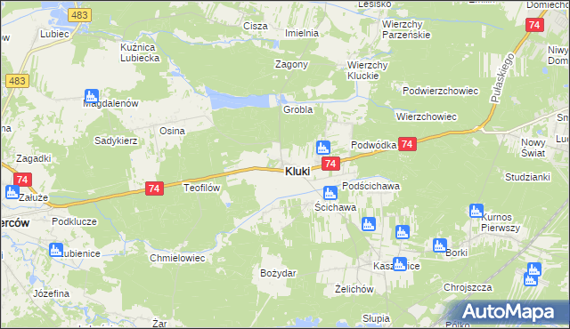 mapa Kluki powiat bełchatowski, Kluki powiat bełchatowski na mapie Targeo