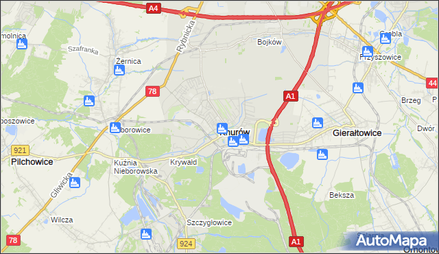 mapa Knurów powiat gliwicki, Knurów powiat gliwicki na mapie Targeo