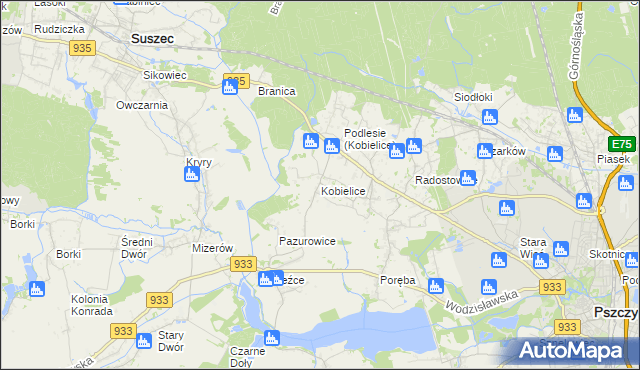 mapa Kobielice gmina Suszec, Kobielice gmina Suszec na mapie Targeo