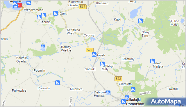 mapa Kołoząb gmina Mikołajki Pomorskie, Kołoząb gmina Mikołajki Pomorskie na mapie Targeo