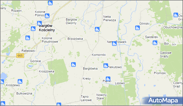 mapa Komorniki gmina Bargłów Kościelny, Komorniki gmina Bargłów Kościelny na mapie Targeo