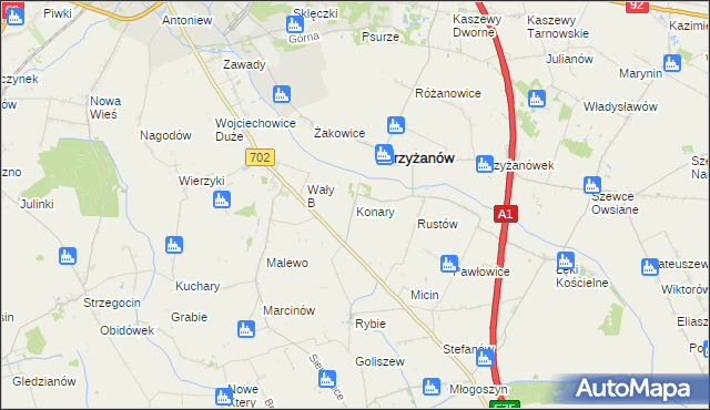 mapa Konary gmina Krzyżanów, Konary gmina Krzyżanów na mapie Targeo
