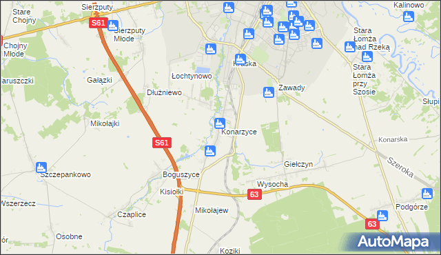 mapa Konarzyce gmina Łomża, Konarzyce gmina Łomża na mapie Targeo