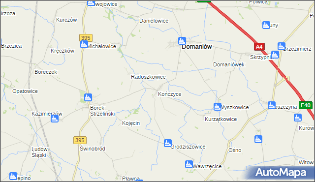 mapa Kończyce gmina Domaniów, Kończyce gmina Domaniów na mapie Targeo