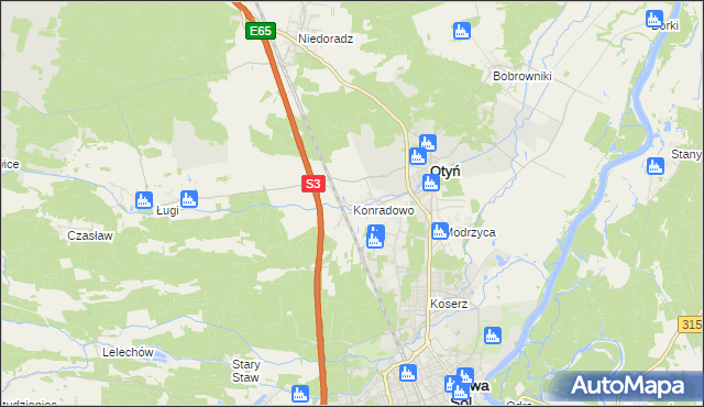 mapa Konradowo gmina Otyń, Konradowo gmina Otyń na mapie Targeo